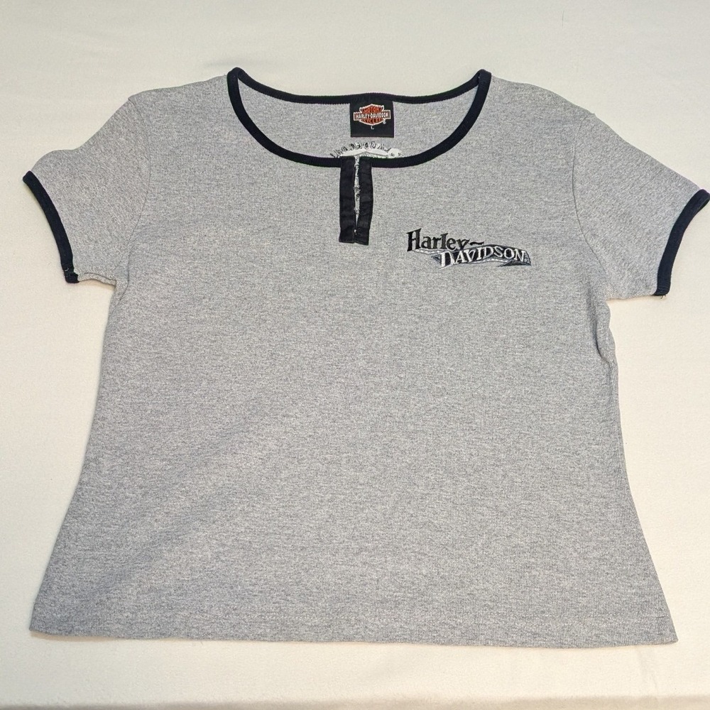 Harley Davidson Henley Shirt Womens L Gray 100 Cotton Florida Graphic Biker Moto